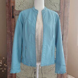 OSO Casuals Blue Vegan Leather Moto Jacket With Ruffle Hem | Medium
